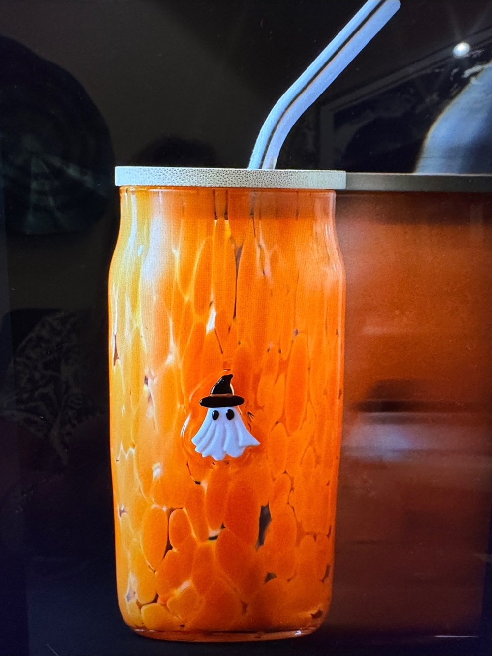 Anthropologie Orange Spotted Glass Tumbler with Ghost Motif
